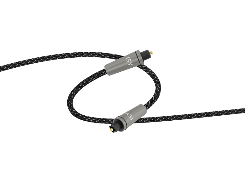 Deux câbles audio optiques noirs avec des connecteurs gris sur fond noir.