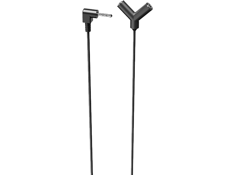 Câble séparateur audio noir, avec deux sorties, sur fond noir.