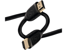 Charger l'image dans la galerie, Câble HDMI noir avec connecteurs dorés sur fond noir.