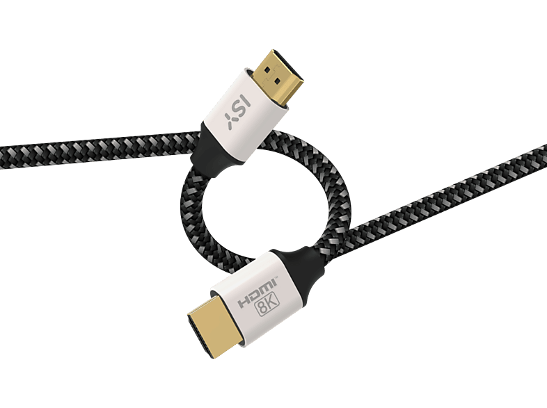 Câble HDMI, noir et gris, connecteurs dorés, fond blanc.