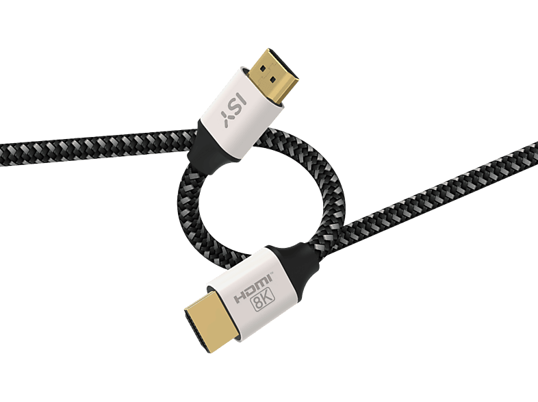 Câble HDMI 8K avec connecteurs ISY blancs, câble noir et gris sur fond noir.