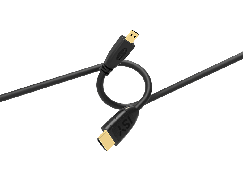 Un câble HDMI noir avec des connecteurs dorés, plié en boucle sur fond noir.