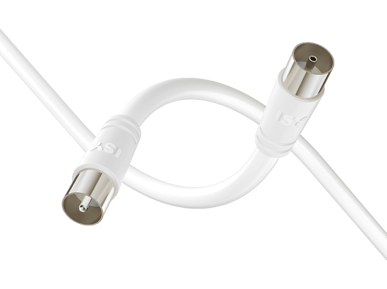 Câble coaxial blanc avec connecteurs, plié en boucle.