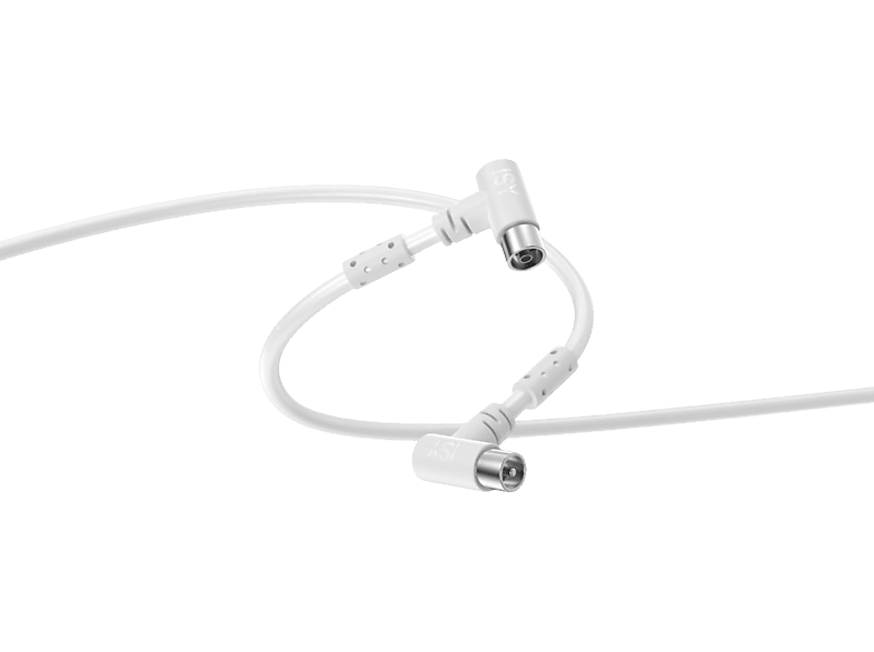 Câble coaxial blanc avec deux connecteurs sur fond noir.