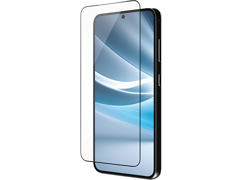 Un smartphone avec un protecteur d'écran appliqué. Le téléphone est noir et le protecteur est transparent.