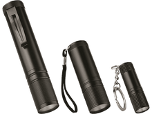Charger l'image dans la galerie, Trois lampes de poche noires. Une est longue, une est moyenne et une a un porte-clés.