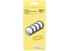 Charger l'image dans la galerie, Boîte jaune avec quatre ISY Smart Item Locators, blanc et argent, compatible Apple Find My.