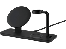 Charger l'image dans la galerie, Station de charge sans fil noire. Socle circulaire, support de charge vertical et base avec symbole de charge.