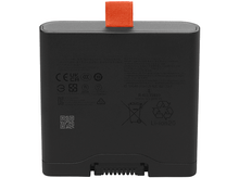 Charger l'image dans la galerie, Bloc-batterie noir avec sangle orange et plusieurs symboles réglementaires imprimés sur le côté.