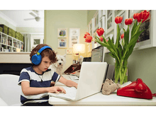 Charger l'image dans la galerie, Garçon avec un casque bleu utilisant un ordinateur portable, chien à proximité. Tulipes et téléphone sur le bureau.