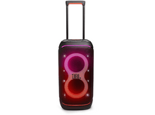 Charger l'image dans la galerie, Un haut-parleur noir avec une poignée et des lumières colorées, avec la marque JBL.