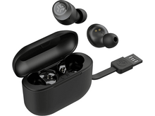 Charger l'image dans la galerie, Écouteurs sans fil noirs, étui de chargement avec câble. Trois écouteurs visibles, un dans l'étui.