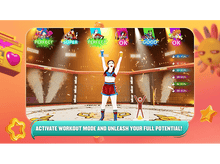 Charger l'image dans la galerie, Femme dans un jeu de danse avec un arrière-plan lumineux. Indicateurs de score visibles.