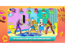 Charger l'image dans la galerie, Un écran de jeu vidéo avec des personnages dansant. Texte : "Dansez avec vos amis et votre famille !"