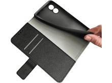 Charger l'image dans la galerie, Un étui de téléphone noir est ouvert, montrant un intérieur gris. Une main tient l'étui.