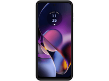 Charger l'image dans la galerie, Smartphone noir affichant un design abstrait coloré avec des informations de temps et de batterie.