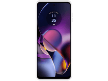 Charger l'image dans la galerie, Téléphone blanc avec un écran affichant l'heure et un fond abstrait violet et rose.