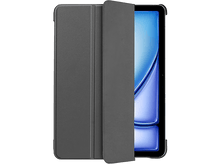 Charger l'image dans la galerie, Tablette dans un étui gris, partiellement ouvert. L'écran affiche un dégradé bleu. L'étui est texturé.