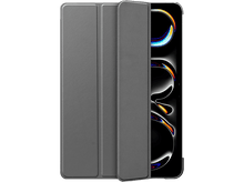 Charger l'image dans la galerie, Étui de tablette gris. La tablette est à l'intérieur. L'étui est replié pour soutenir la tablette. Écran noir visible.