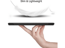 Charger l'image dans la galerie, Une tablette est tenue par une main. Une plume flotte au-dessus de la tablette. Texte : Mince et léger.