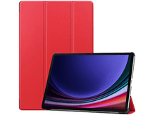 Charger l'image dans la galerie, Étui de tablette rouge, ouvert, avec une tablette affichant un motif abstrait violet et bleu.