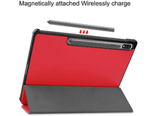 Charger l'image dans la galerie, Tablette avec étui rouge, stylet attaché. Étui noir avec rabat gris.