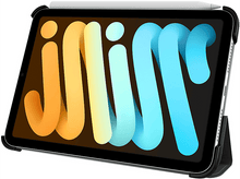 Charger l'image dans la galerie, iPad noir, logo coloré sur écran, stylet blanc, étui noir en support. Fond blanc.