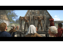 Charger l'image dans la galerie, Des gens dans des stocks en bois sur une place de ville. Une foule regarde, dont des hommes, des femmes et un garde.