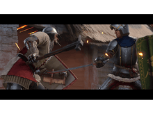 Charger l'image dans la galerie, Deux chevaliers s'affrontent, l'un avec un marteau et un bouclier, l'autre avec une épée. Feu et un bâtiment en arrière-plan.