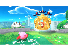 Charger l'image dans la galerie, Un personnage rose de Kirby dans une scène de jeu avec des oiseaux et une cage.