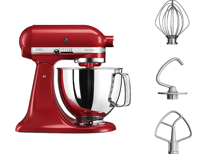 Robot culinaire KitchenAid rouge avec accessoires. Comprend un fouet, un crochet pétrisseur et un batteur.
