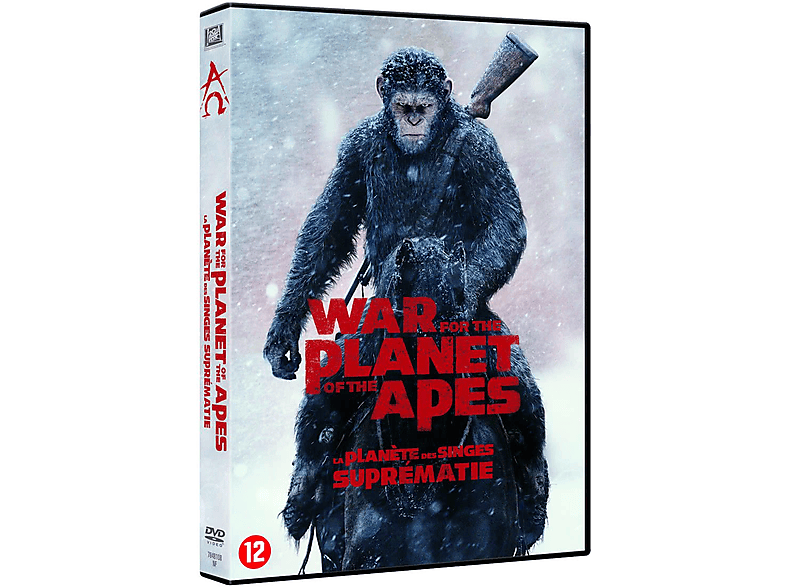 Boîtier DVD de 'La Planète des Singes'. Singe sur la couverture, arme. Fond de neige.