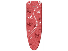 Charger l'image dans la galerie, Table à repasser avec fond rouge et papillons blancs. Design incurvé blanc sur la table.