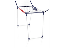 Charger l'image dans la galerie, Un étendoir blanc avec des accents bleus et rouges sur une surface blanche.