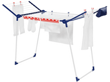 Charger l'image dans la galerie, Séchoir à linge blanc et bleu avec des vêtements blancs suspendus, isolé sur fond blanc.