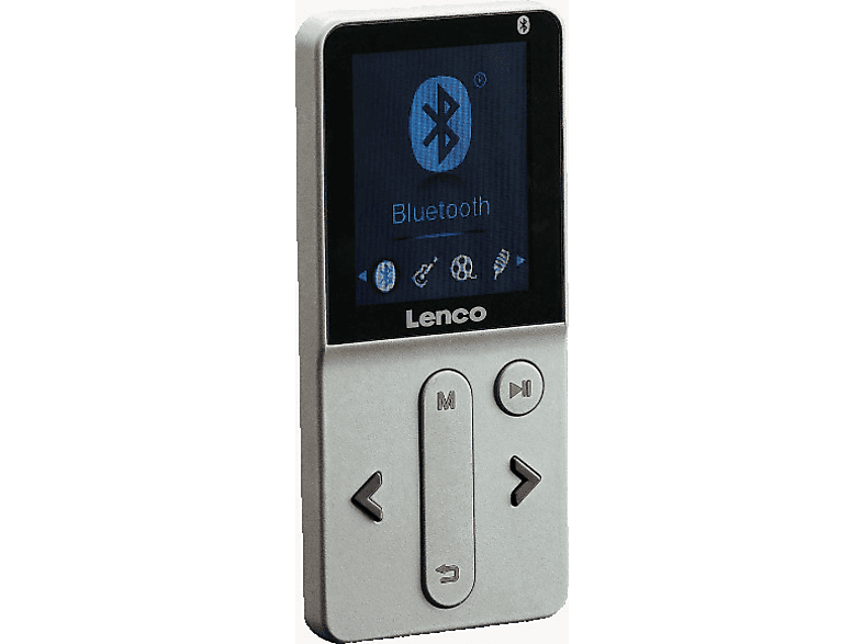 Lecteur MP3 Lenco argenté avec écran affichant l'icône Bluetooth.