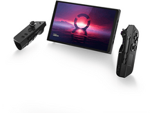 Charger l'image dans la galerie, Une tablette de jeu avec des manettes de chaque côté. L'écran affiche un graphique coloré.