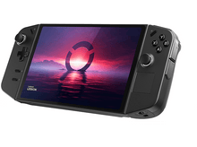 Charger l'image dans la galerie, Console de jeu portable noire. Écran affichant un paysage, boutons latéraux.