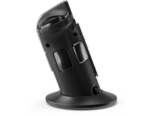 Charger l'image dans la galerie, Station de charge noire avec un appareil noir incliné sur fond blanc.