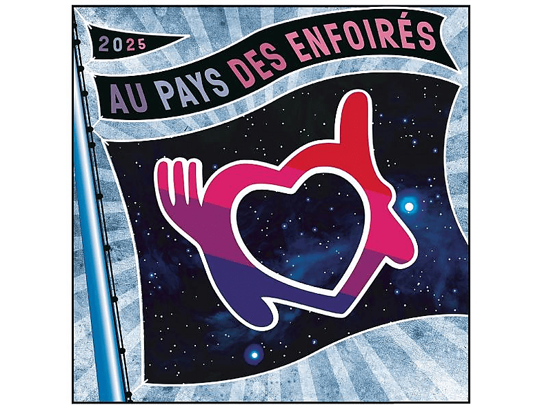 Conception de drapeau avec une forme de cœur et de main. Étoiles, ciel bleu et texte en haut.