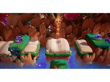 Charger l'image dans la galerie, Une scène de dessin animé avec des plateformes dans une zone aquatique. Un Schtroumpf saute pour attraper des cerises.