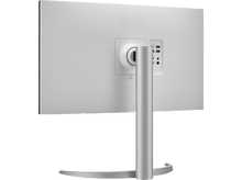 Charger l'image dans la galerie, Vue arrière du moniteur LG, pied argenté, sur fond blanc. Ports visibles, avec logo LG.