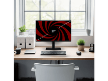 Charger l'image dans la galerie, Un moniteur de 27 pouces affiche un motif en spirale rouge et noir. Il est sur un bureau en bois avec clavier, souris et plantes.