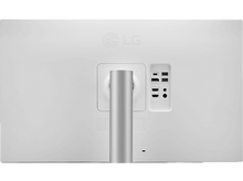 Charger l'image dans la galerie, Vue arrière du moniteur LG, pied argenté, sur fond blanc. Ports visibles, avec logo LG.