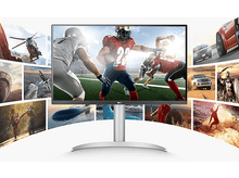 Charger l'image dans la galerie, Moniteur LG avec football et autres scènes d'action autour, support argenté.