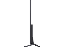 Charger l'image dans la galerie, Un écran de télévision noir, debout sur un support, sur fond blanc, vue de profil.