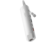 Charger l'image dans la galerie, Adaptateur multiport blanc avec plusieurs ports. Câble USB-C branché. L'appareil est sur fond noir.