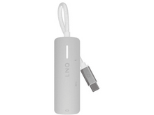 Charger l'image dans la galerie, Un hub USB-C argenté avec un cordon blanc et une extrémité USB-C. Fond blanc.