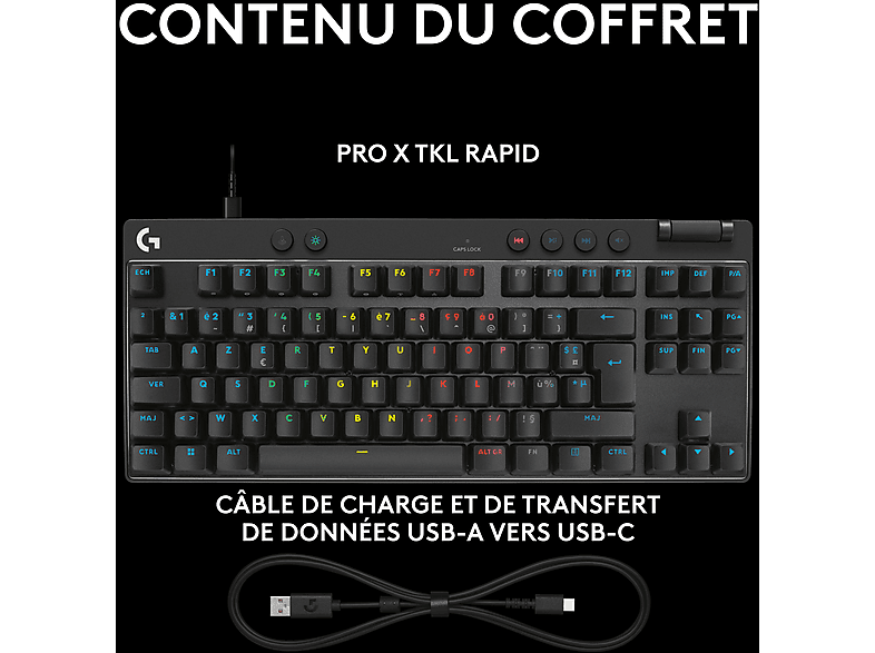 Clavier noir avec touches blanches, avec un câble de chargement noir en bas.