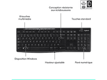 Charger l'image dans la galerie, Clavier noir avec touches multimédia, disposition Windows, hauteur réglable et pavé numérique.
